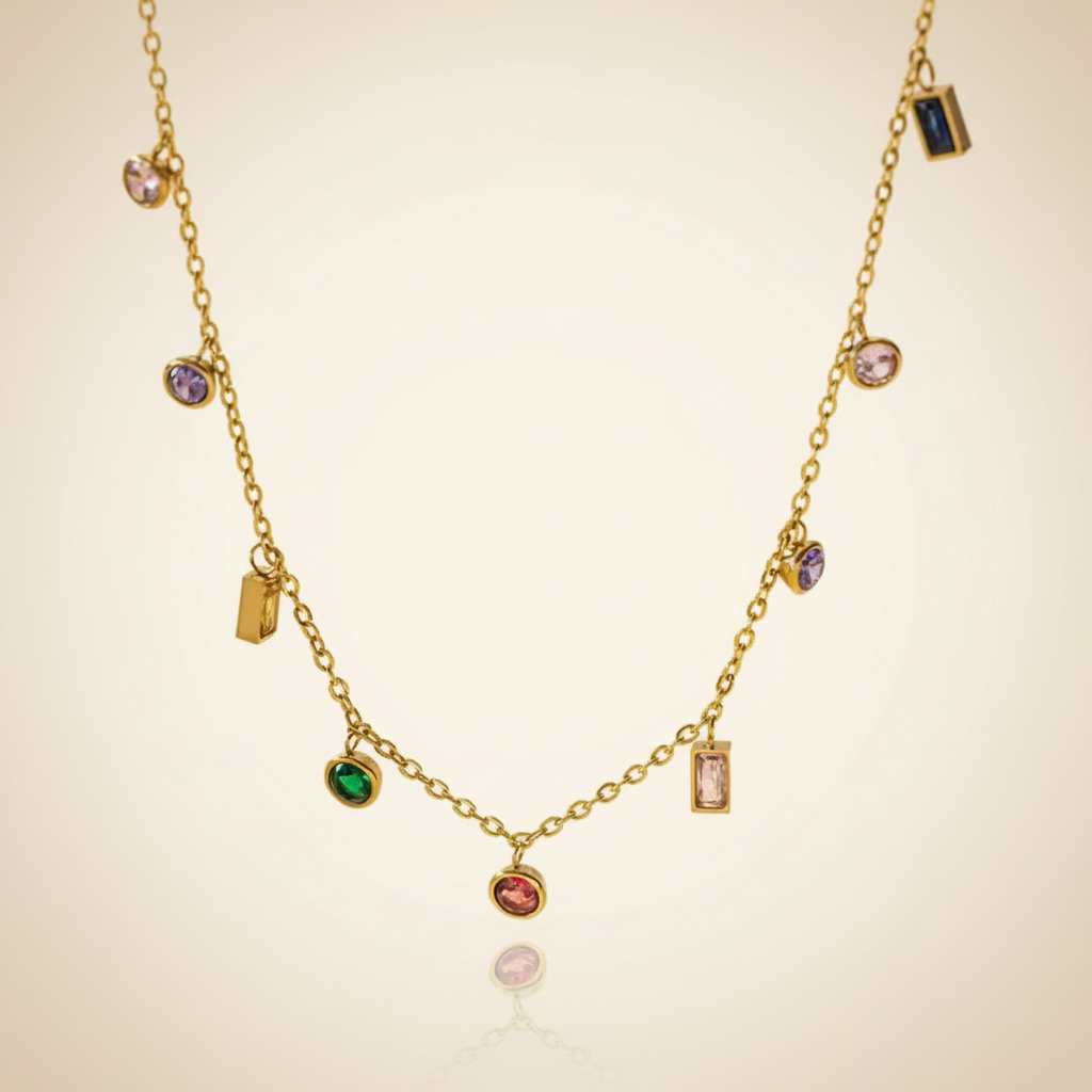 Gold Tone Necklace with Multi Crystals