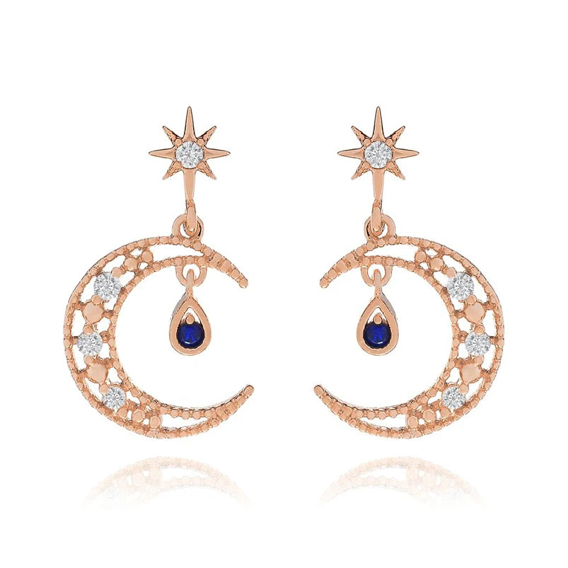 gold crescent moon with sapphire teardrop earrings - Rose Gold