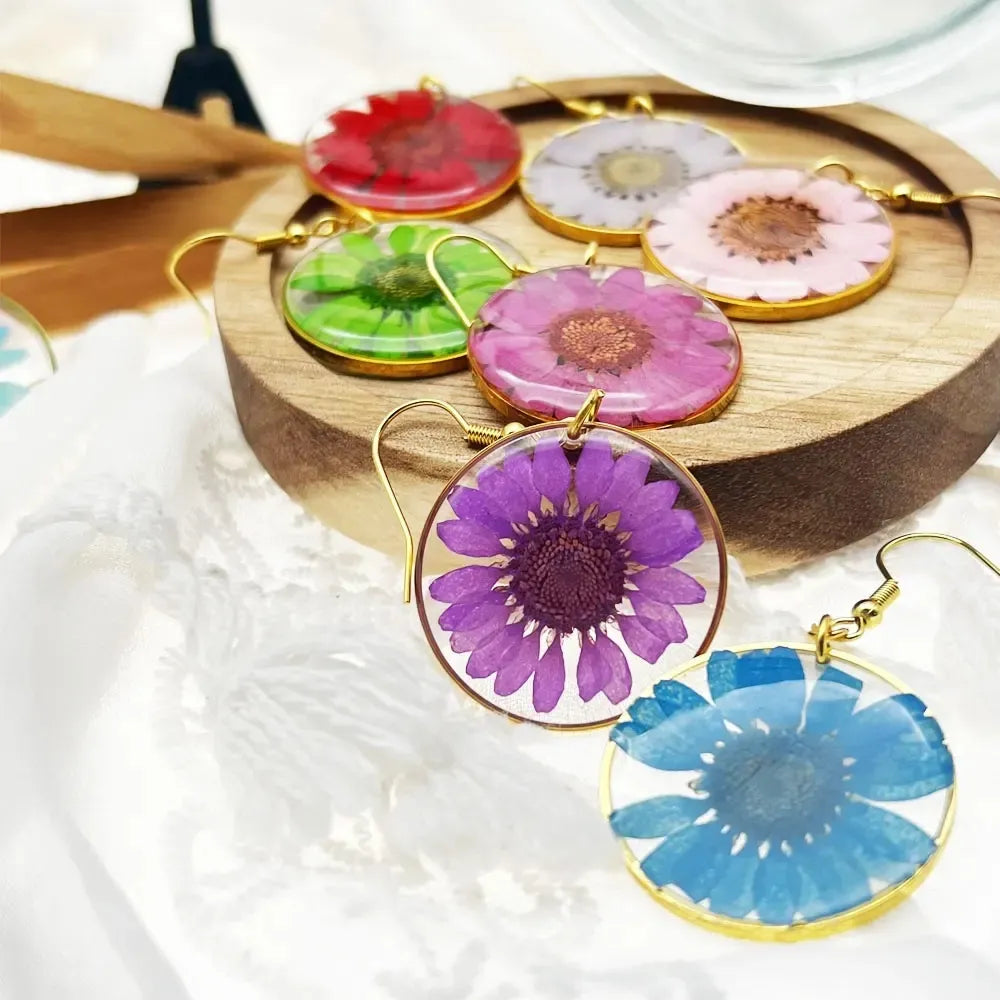 Pressed Flower Circular Pendant Earrings