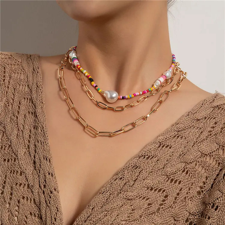 Beaded and Gold Link Multi-layered Necklace