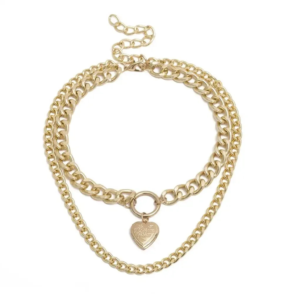 Engraved Heart on Gold Link Chain Necklace