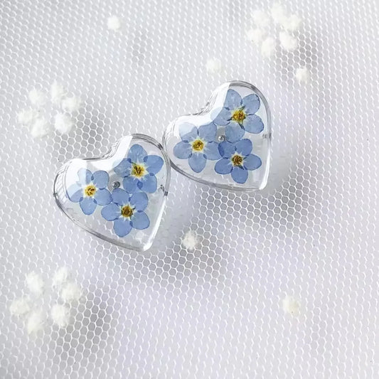 Blue Pressed Flower Heart Resin Earrings