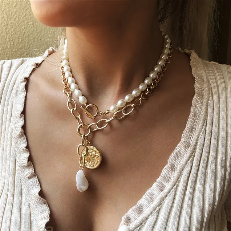 Pearl and Gold Chain Multi-layered Necklace