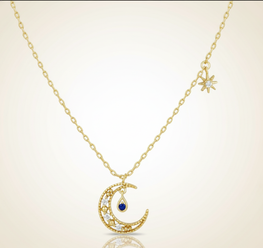 Gold Crescent Moon with Sapphire Teardrop Necklace