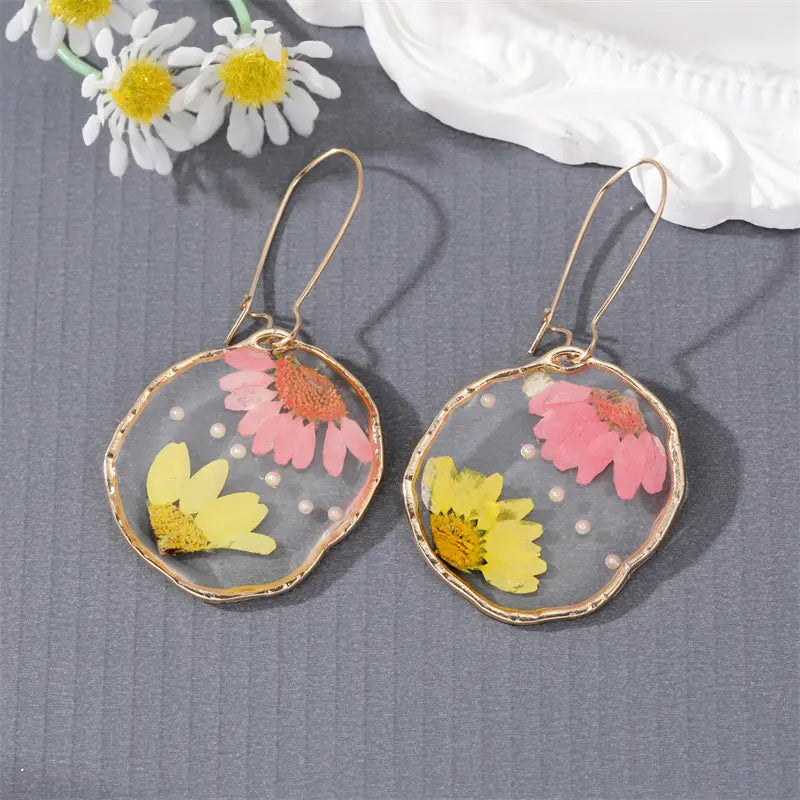 Pink and Yellow Pressed Flower Earrings