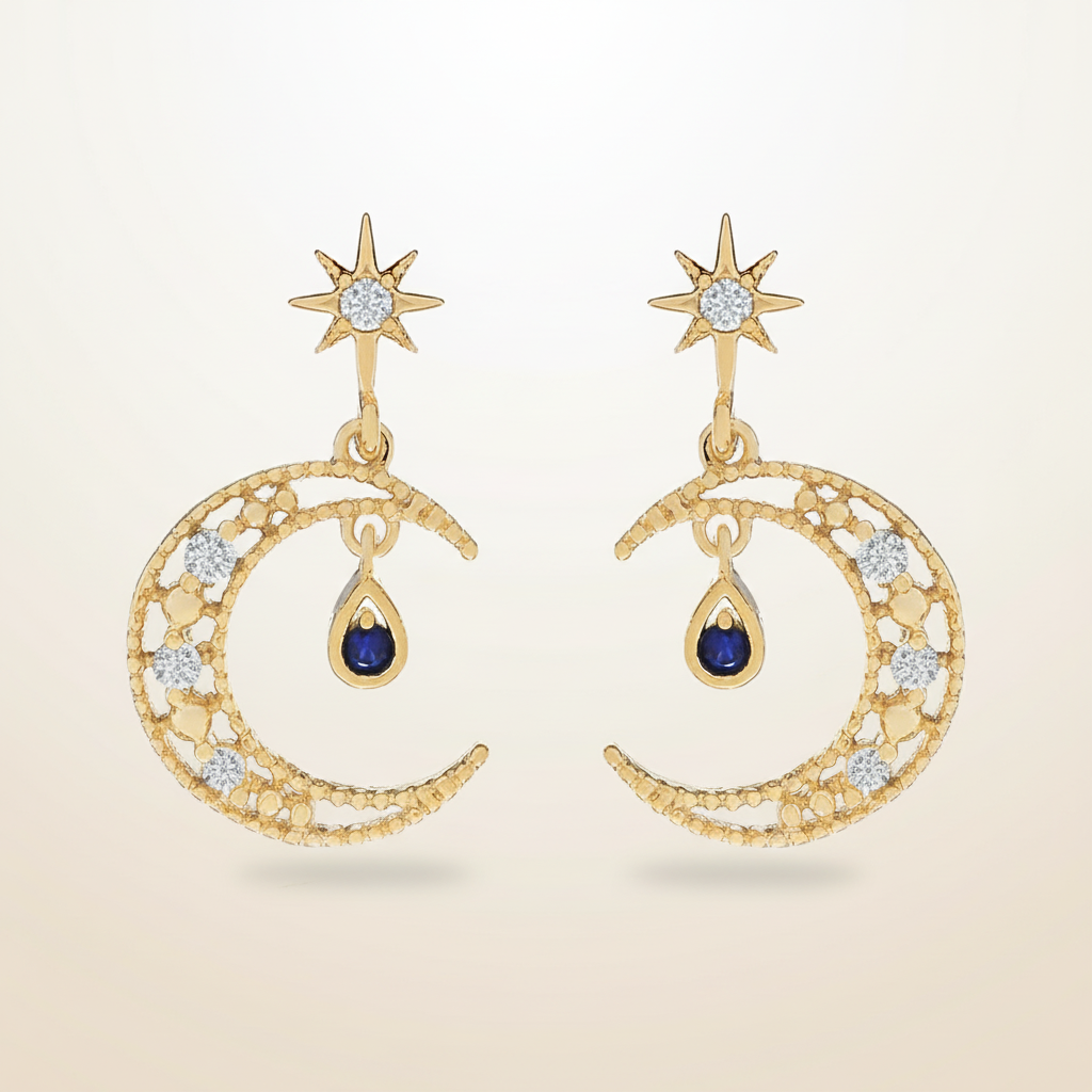 Gold Crescent Moon with Sapphire Teardrop Earrings - 14K Gold