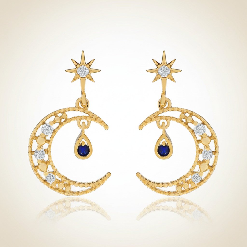 Gold Crescent Moon with Sapphire Teardrop Earrings - 18K Gold