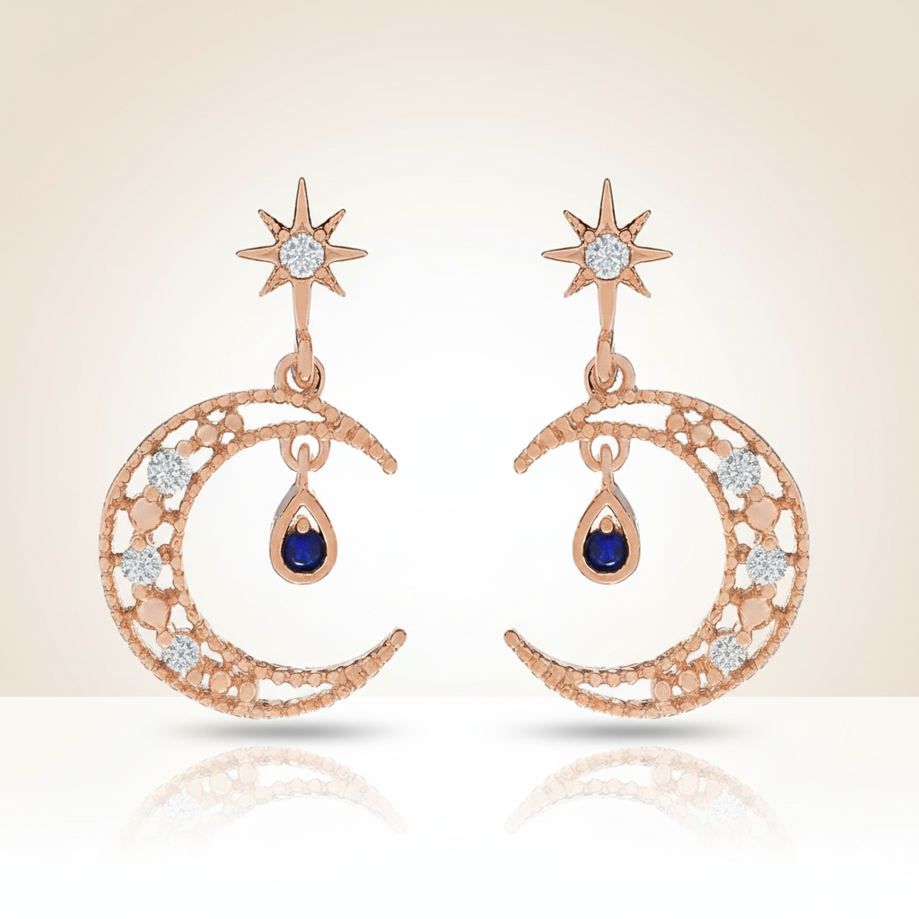 Gold Crescent Moon with Sapphire Teardrop Earrings - Rose Gold
