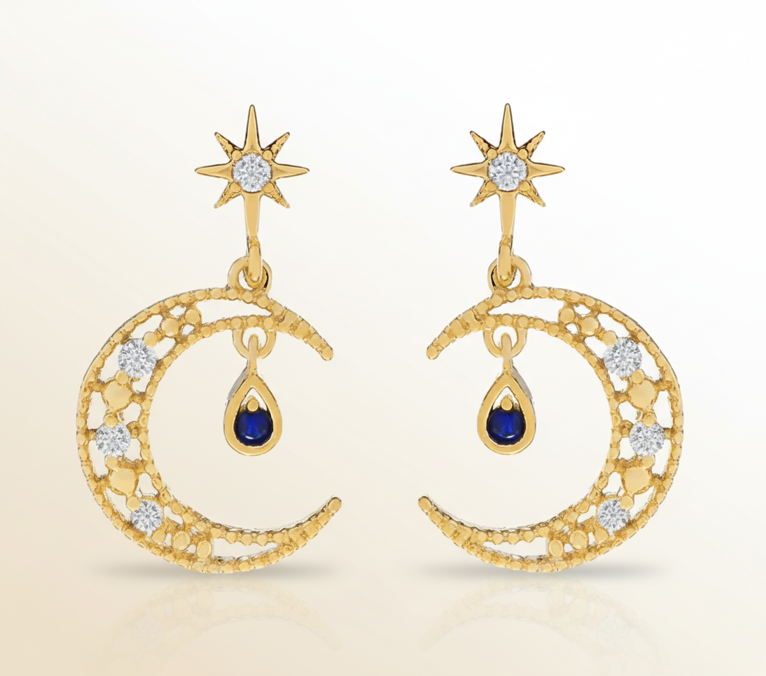 Gold Crescent Moon with Sapphire Teardrop Earrings
