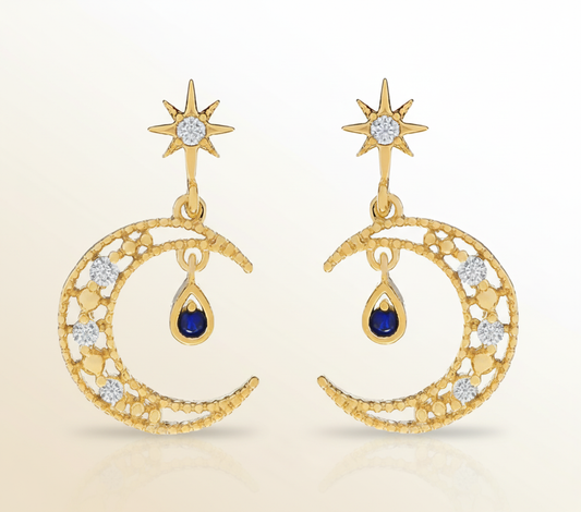 Gold Crescent Moon with Sapphire Teardrop Earrings