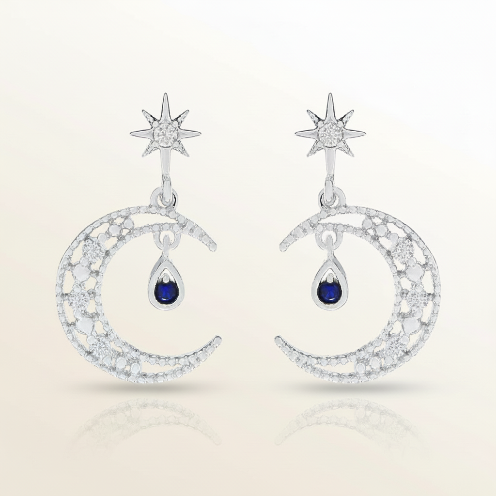Gold Crescent Moon with Sapphire Teardrop Earrings - Silver