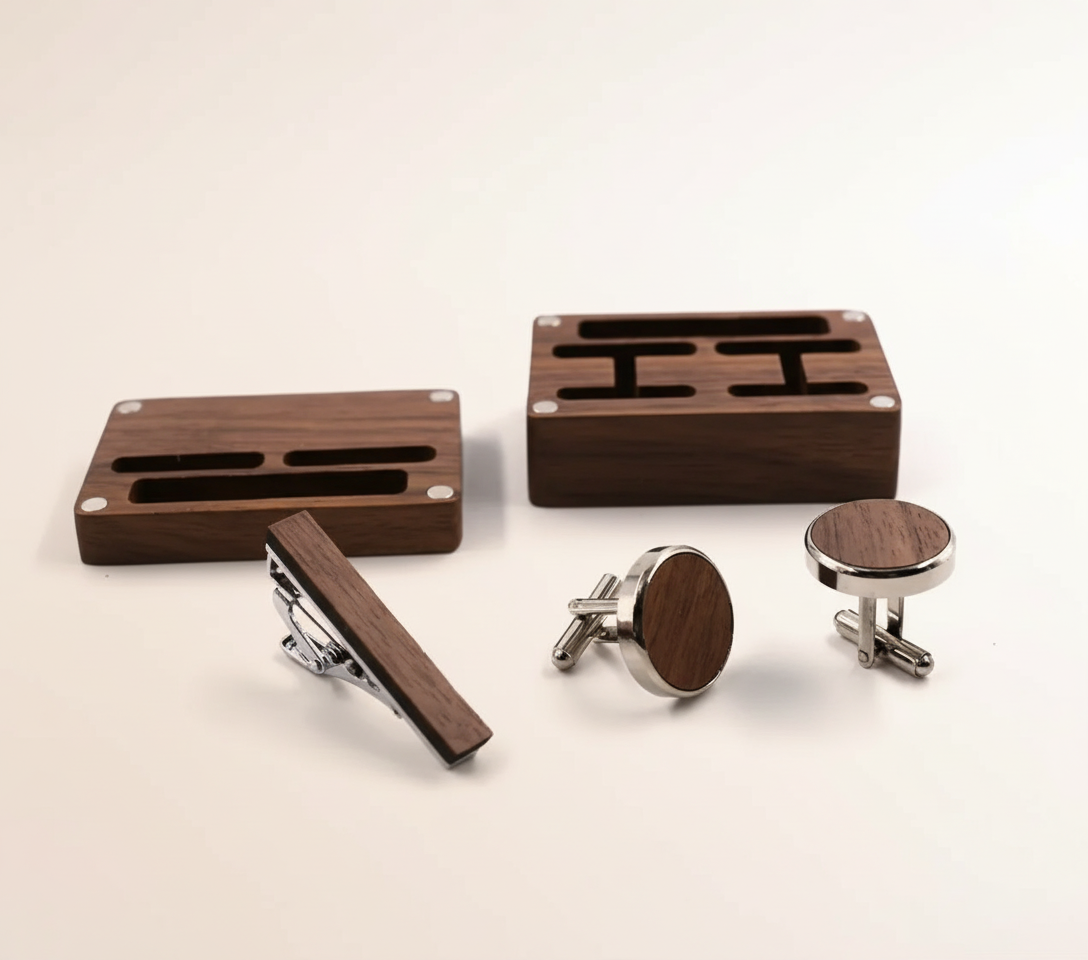 Wood Cuff Links and Tie Clip